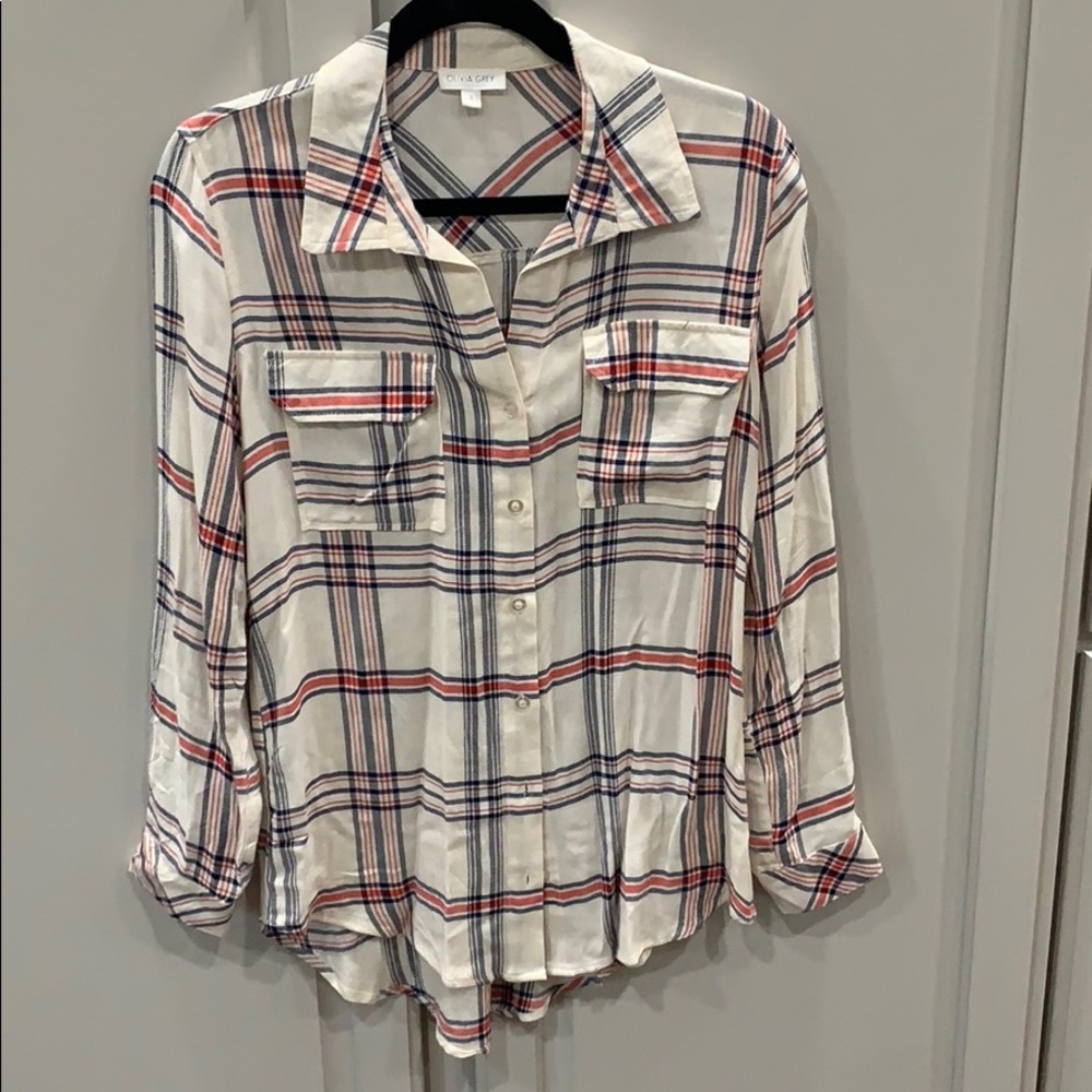 NWOT Olivia Grey Button V Roll-sleeve Plaid Blouse